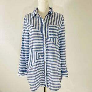 Chico’s Blue & White Striped Button Down Blouse w Pockets Size 0 (4-6)